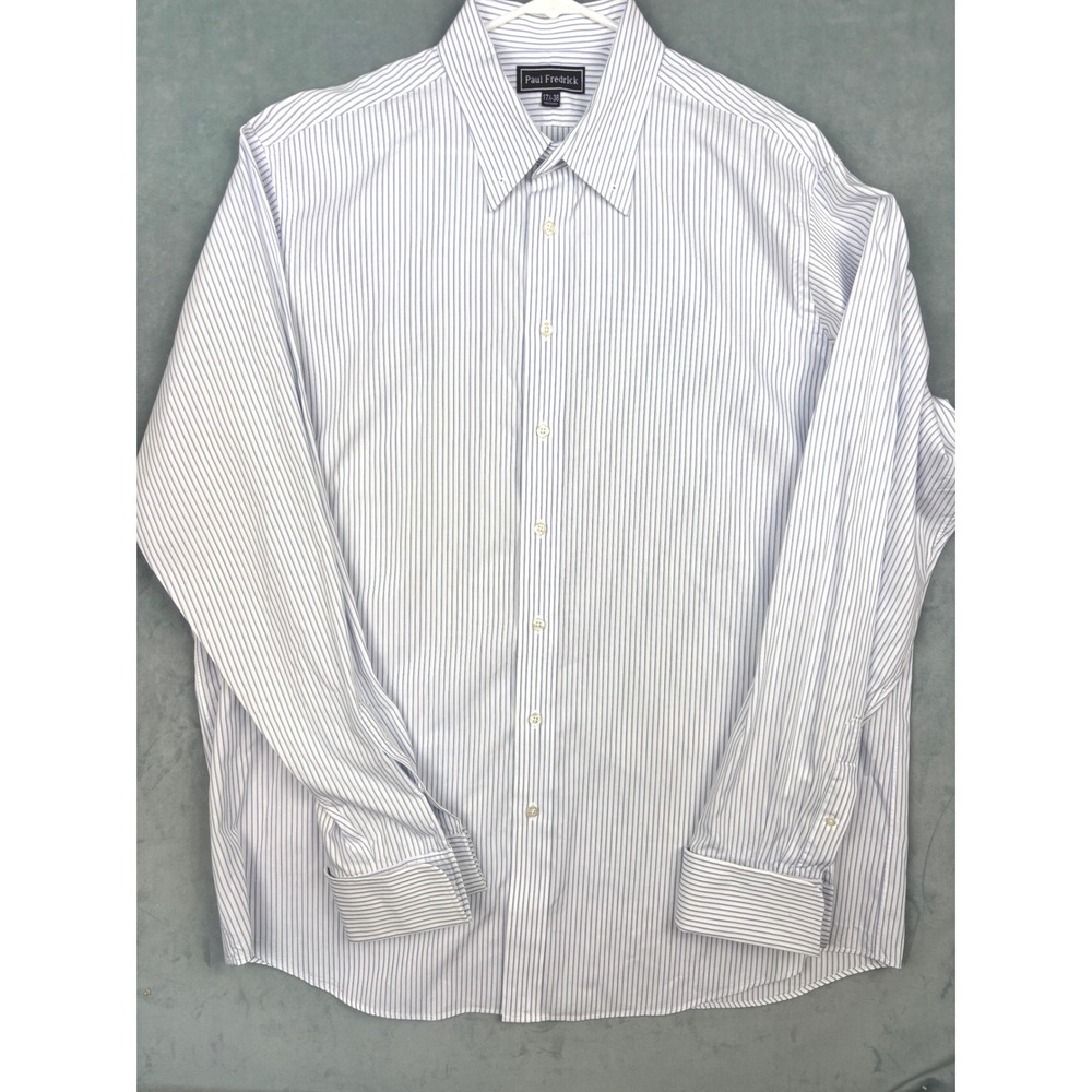 Paul Fredrick Mens Blue White Striped Tab Collar French Cuff Shirt 17.5 38